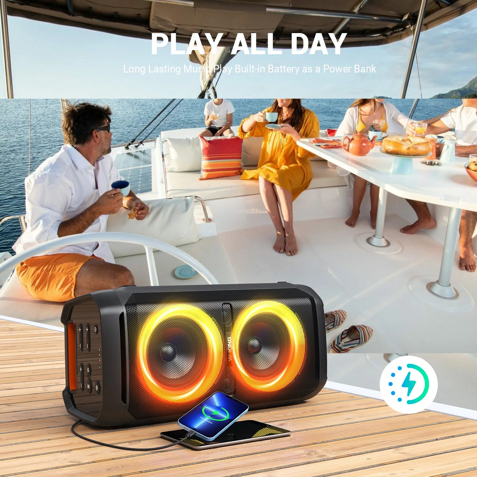 W-KING 100W RMS Bluetooth Lautsprecher, IPX6 Wasserdicht, V5.3 Tragbare Party Boombox Kabellos Tiefer Bass/115dB Lauter Massiver Klang