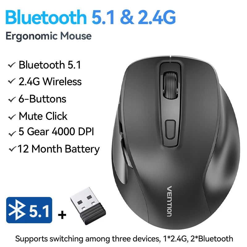 Vention Kabellose Bluetooth 5.1 Maus USB 2.4G Dual-Mode Ergonomische 4000 DPI Stille 6-Tasten-Maus für MacBook Tablet Laptop PC Mäuse