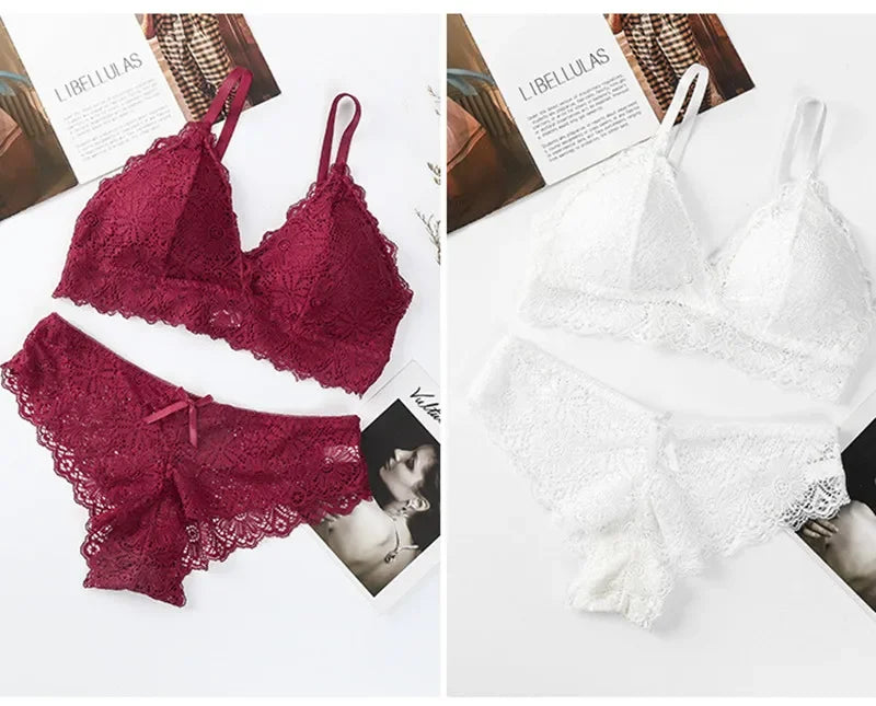 Damen Push-up BH Set Sexy Dessous Geblümte Spitze Kabelloser Bralette Niedriger Bund Höschen Sexy Slips Damen Unterwäsche Intimates
