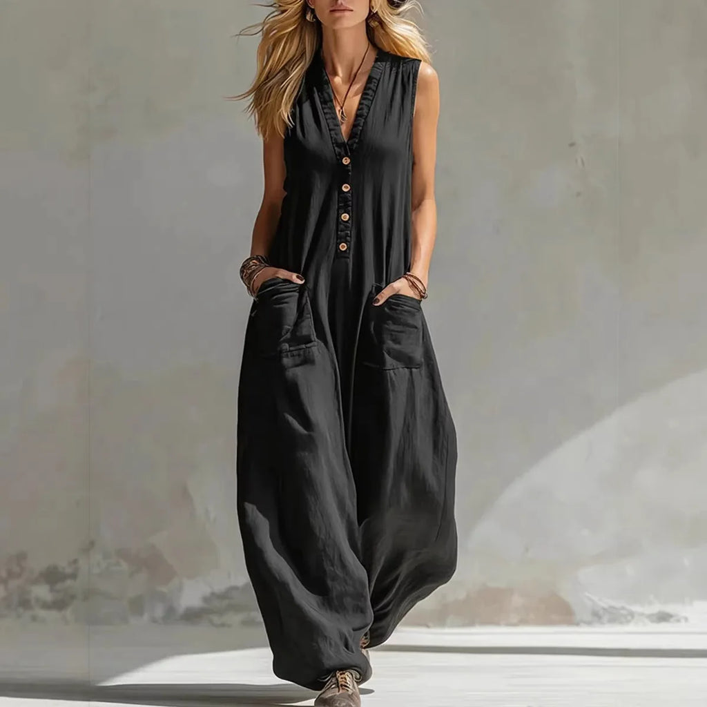 Jumpsuits Damen 2026 Playsuits Doppel-Taschen lässige Leinen-Baumwoll-Ärmellose lange Jumpsuits Damenbekleidung
