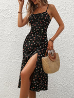 Damen Blumenmuster Spaghettiträger Sommer Boho Strandkleid Druck Elegant Träger Eckiger Ausschnitt Schlitzkleid Vestidos 2024