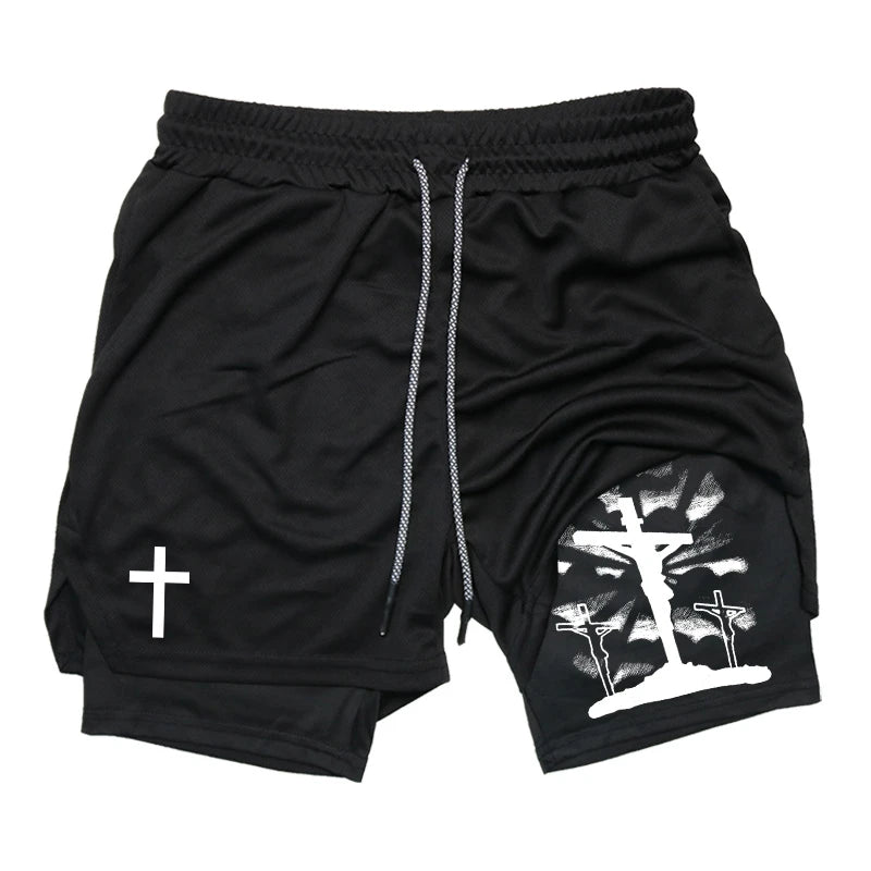Herren-2-in-1-Lauf-Workout-Shorts mit Druck, Christian Gym Athletic Performance Shorts mit Handytasche und Handtuchschlaufe, Activewear