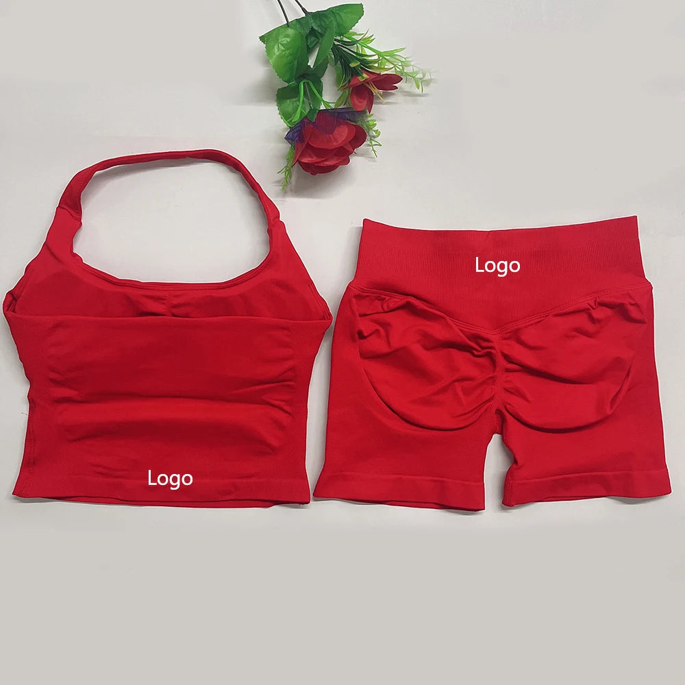 Yoga Outfits Damen 2-teiliges Sport-Set DFNNYE Impact Halfter Neck Neckholder Rückenfrei Oberteil Nahtlose Scrunch Shorts Fitness-Workout-Sportanzug