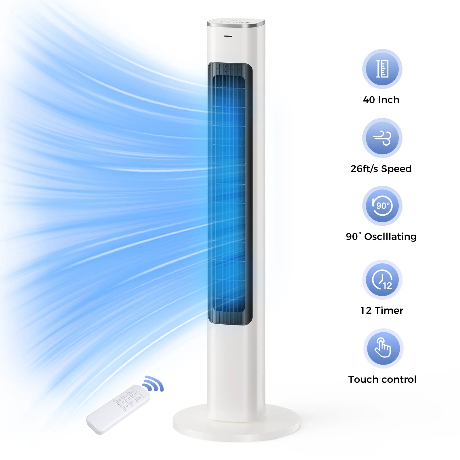 Patbrela 40-Zoll elektrischer Turmventilator, 4 Geschwindigkeiten, 51° Oszillation, Fernbedienung, 12H Timer, 45W mit Touch-Steuerung Hauptbild