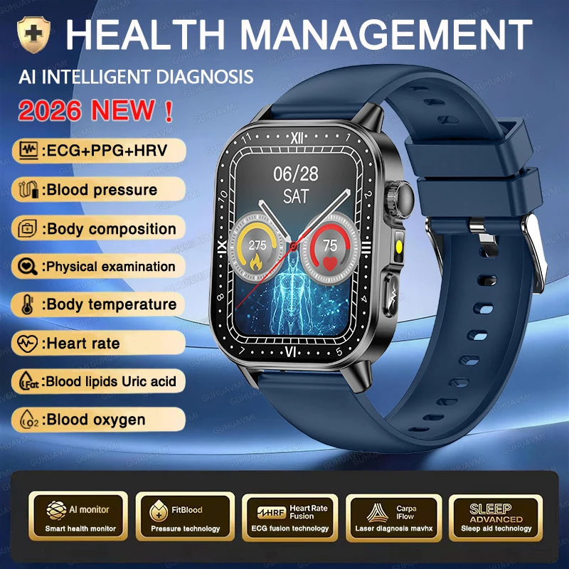 Neue Herren Smartwatch für präzise Gesundheitsdiagnose: EKG, Blutdruck, Blutsauerstoff, Blutfett, Harnsäure, Temperatur, Bluetooth-Anruf