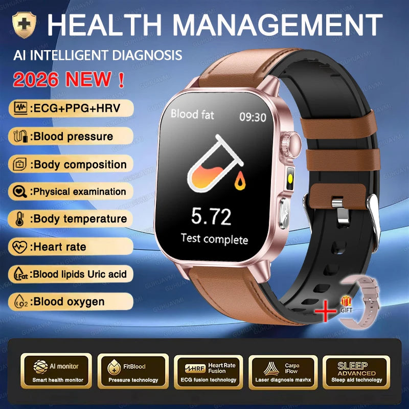 Neue Herren Smartwatch für präzise Gesundheitsdiagnose: EKG, Blutdruck, Blutsauerstoff, Blutfett, Harnsäure, Temperatur, Bluetooth-Anruf