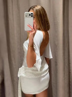 HH 2026 Damen Elegantes weißes kurzärmeliges, rückenfreies, paillettenbesetztes Spleiß-Dekorations-Sexy Minikleid Damen Mode Party Minikleid