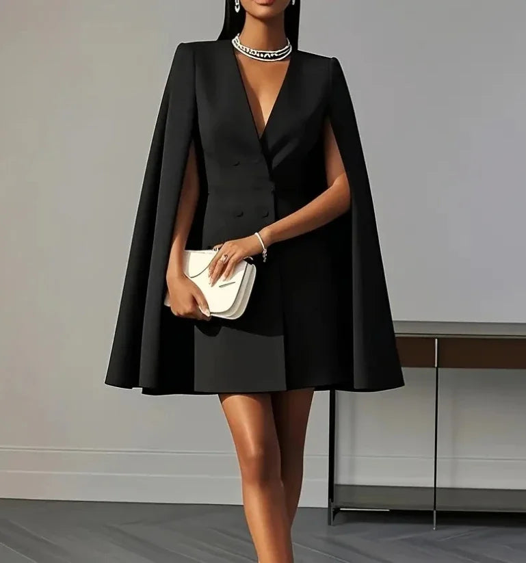 Damenkleider 2025 Frühling Herbst Neu Pendler Doppelreihiger Schalkragen Cape Einfarbig V-Ausschnitt Minikleid Mode Damenbekleidung