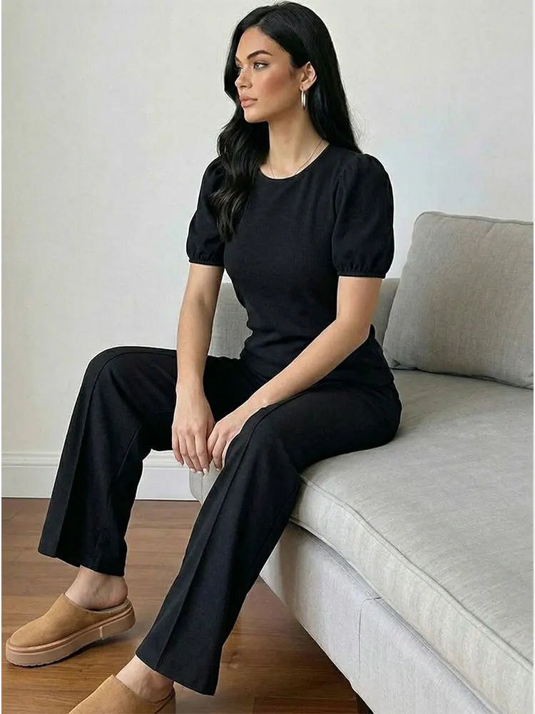 HH Damen Elegantes Beiges Set, Rundhals-T-Shirt, Einfarbiges Puffärmel-Oberteil, Lässige Weite Hosen, High Street Chic Outfit