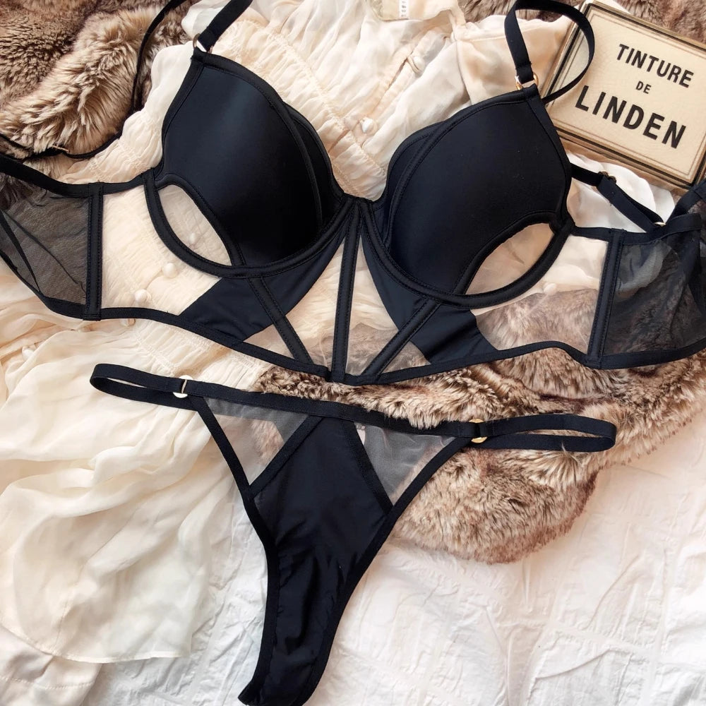 Französische Thin Cup Damen Dessous Set Sexy Hohle Spitze BH Set Sommer Mesh Komfort Atmungsaktive Unterwäsche Fischgrät Tops Intims