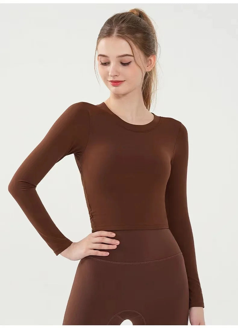 Fashion Sport Tops Pilates Laufen mit Brustpolster Fitness Langarm Enganliegende Schnelltrocknende Shirts Yoga Top Oberbekleidung