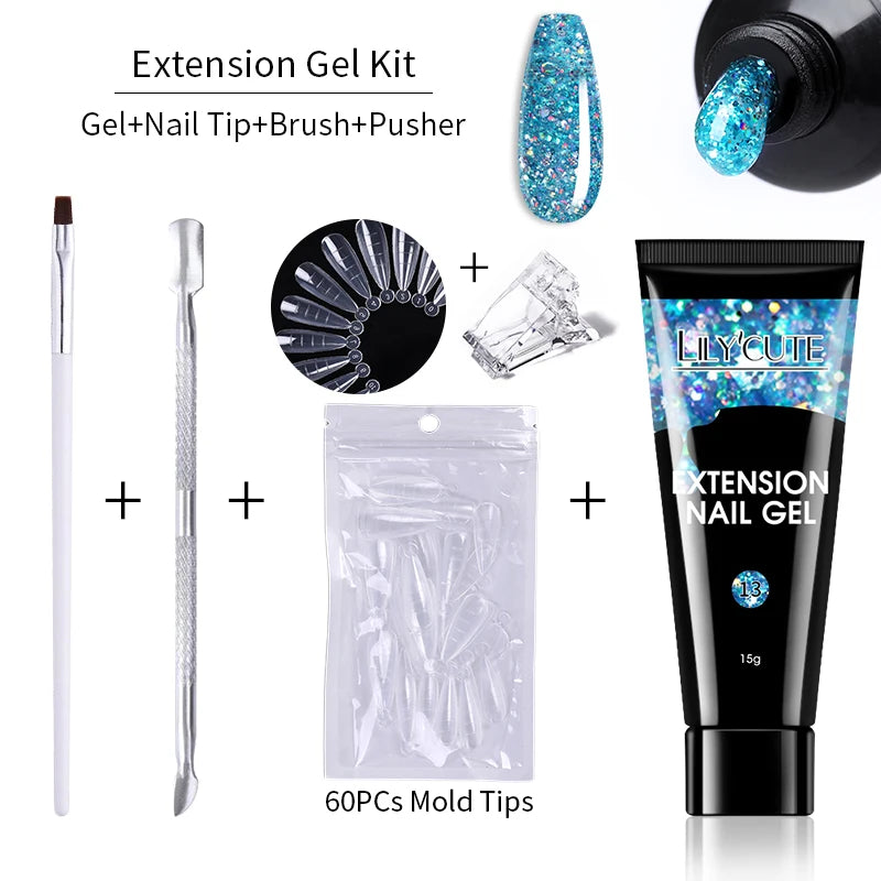LILYCUTE 15ml Verlängerungsgel-Nagellack-Set Quick Nail Prolong mit Verlängerungsform-Nagelspitzen Acryl-Lösung Maniküre-Werkzeug-Kit