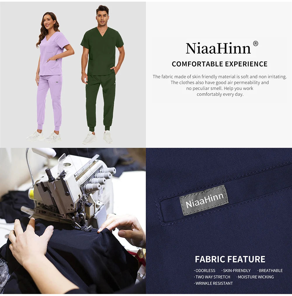 Niaahinn Scrubs Uniforms Sets Großhandel Medizinische Kasacks Stretch-Anzug Gesundheitswesen Pflegeuniform Unisex OP-Kasacks Damen Herren