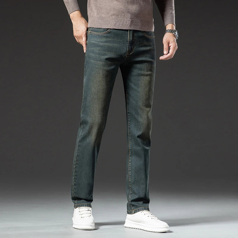 Hochwertige Winterjeans Herren Warme Fleece Verdickte Elastische Denim Hose Fashion Straight Elastische Retro Plüsch Samthose