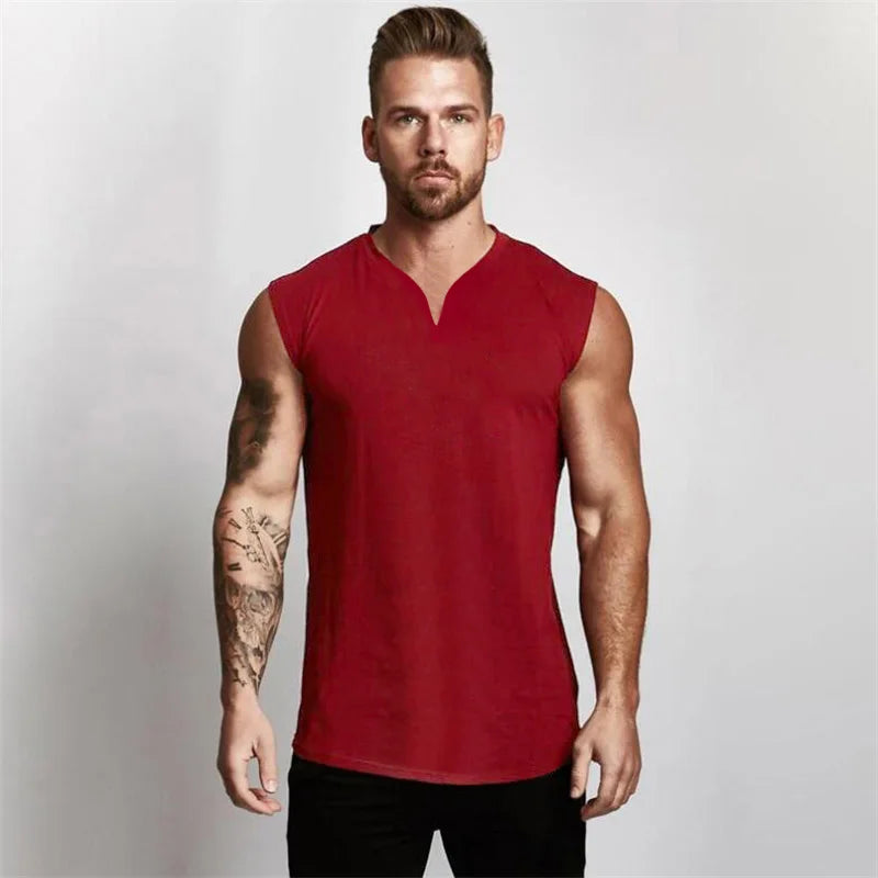 Sommer Baumwolle atmungsaktive V-Ausschnitt Tank Tops Fitnessstudio Workout Laufen Sport Ärmelloses Shirt Herren Fitness Bodybuilding Muskelbekleidung