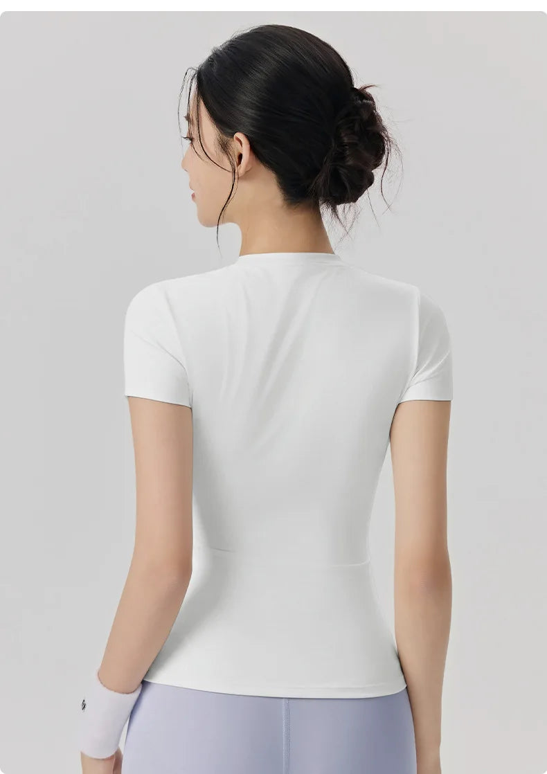 Frühlings- und Sommer-Yoga-Kleidung, kurzärmlig, nackt, eng anliegend, Fitness-Kleidung für Damen, Outdoor-Laufen, Training, Sport-T-Shirt