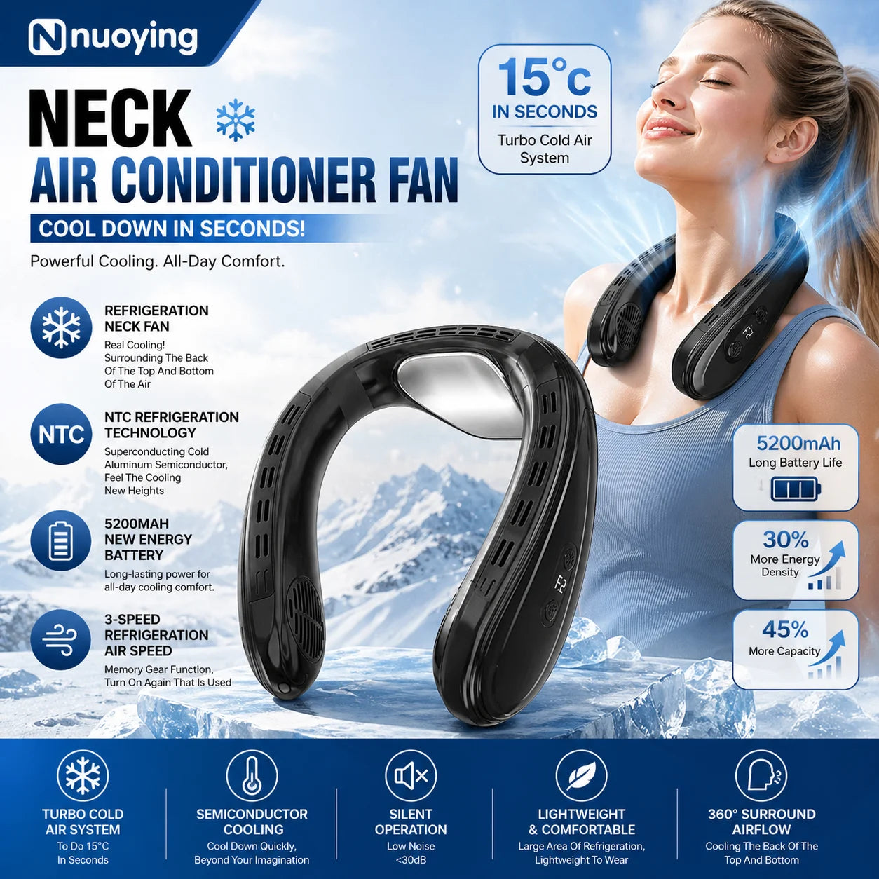 Neuer tragbarer Nackenventilator 5200mAh Nackenklimaanlage wiederaufladbarer Halbleiter-Kühlventilator Persönlicher Outdoor-Ventilator tragbarer Kühler Hauptbild
