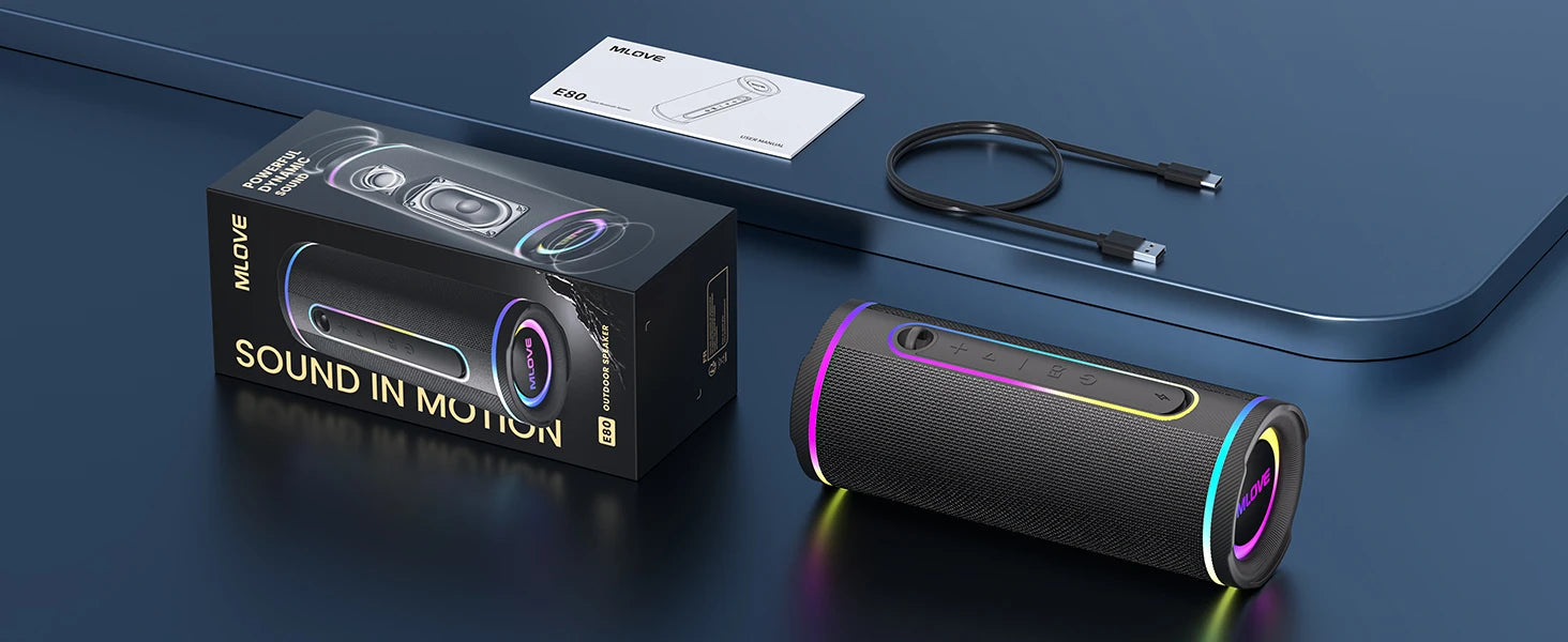 MLOVE E80 Tragbarer Bluetooth-Lautsprecher – Leistungsstarker Dual-Sound, farbenfrohe RGB-Beleuchtung, vollständig wasserdicht (IPX7), TWS-fähig