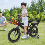 14" Kinderfahrrad Verstellbares Kinderfahrrad Belastbarkeit 60kg mit Stützrädern+Korb+Rückenlehne Rücksitz für 3-7 Jahre (Weiß/Schwarz)