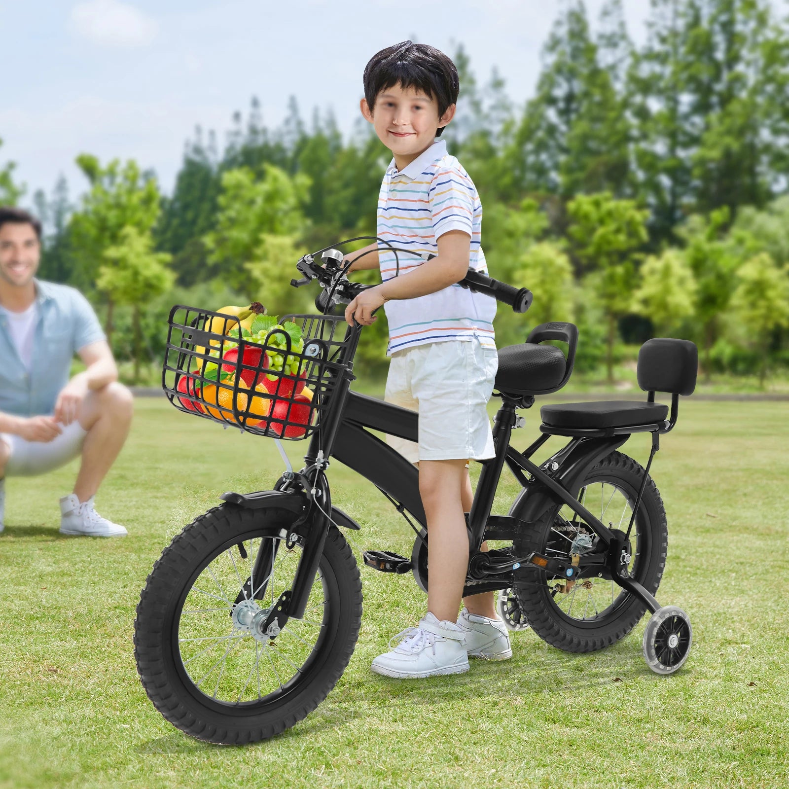 14" Kinderfahrrad Verstellbares Kinderfahrrad Belastbarkeit 60kg mit Stützrädern+Korb+Rückenlehne Rücksitz für 3-7 Jahre (Weiß/Schwarz) Hauptbild