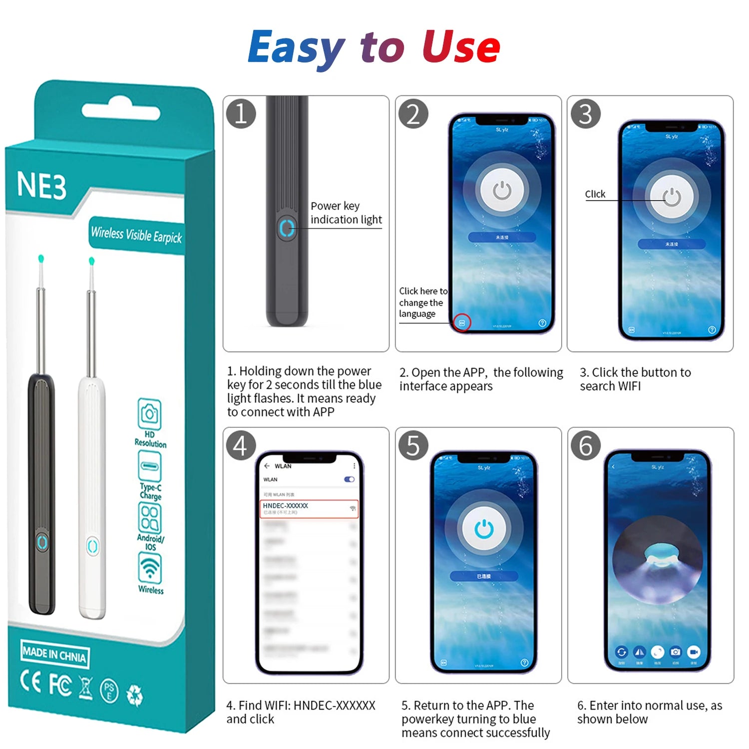 Intelligenter visueller Ohrenreiniger HD Ohrenstäbchen Otoskop USB-C-Ladeendoskop Ohrenschmalzentferner Ohrenschmalz-Entfernungswerkzeug Ohrenschmalz-Minikamera Gesundheitspflege-Set