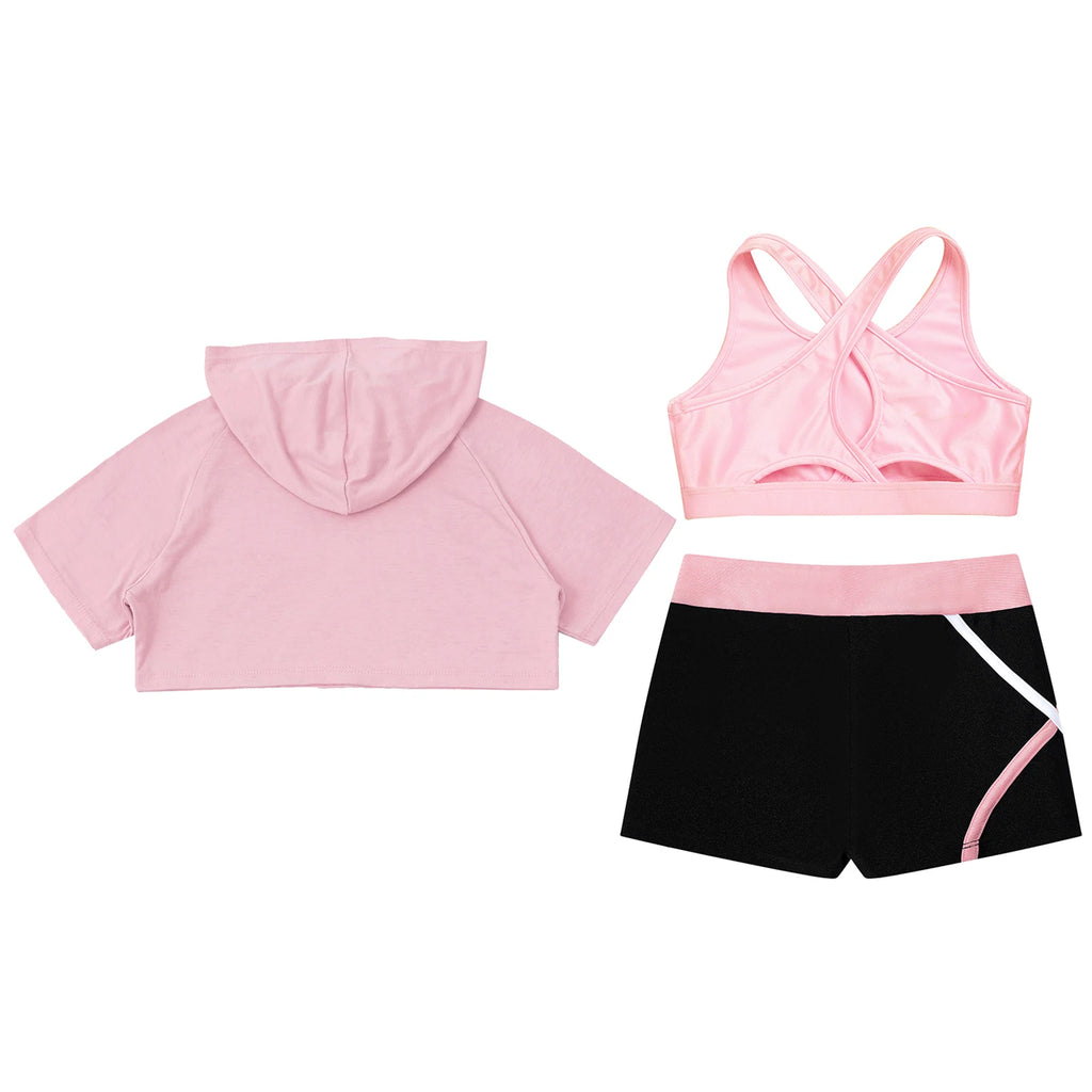 3Pcs Girls Sports Set Vest+Hooded Crop Top+Shorts Sportswear Set for Child Dance Yoga Running Cycling Workout Costume Activewear
