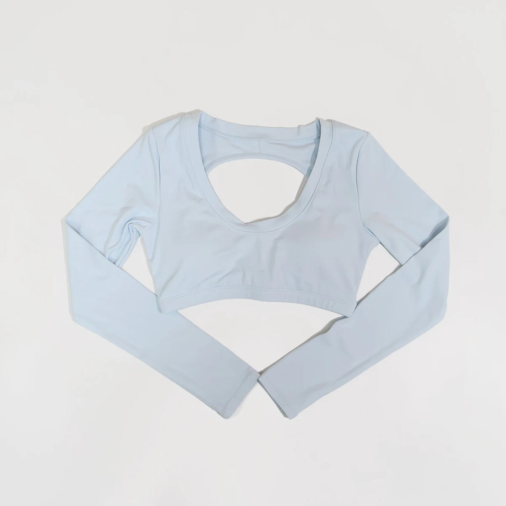 Neue Sommer Damen Rückenloses Langarm Yoga-Top Atmungsaktive weiche Sportbekleidung für Fitness-Training Bequeme Fitnesskleidung für Frauen