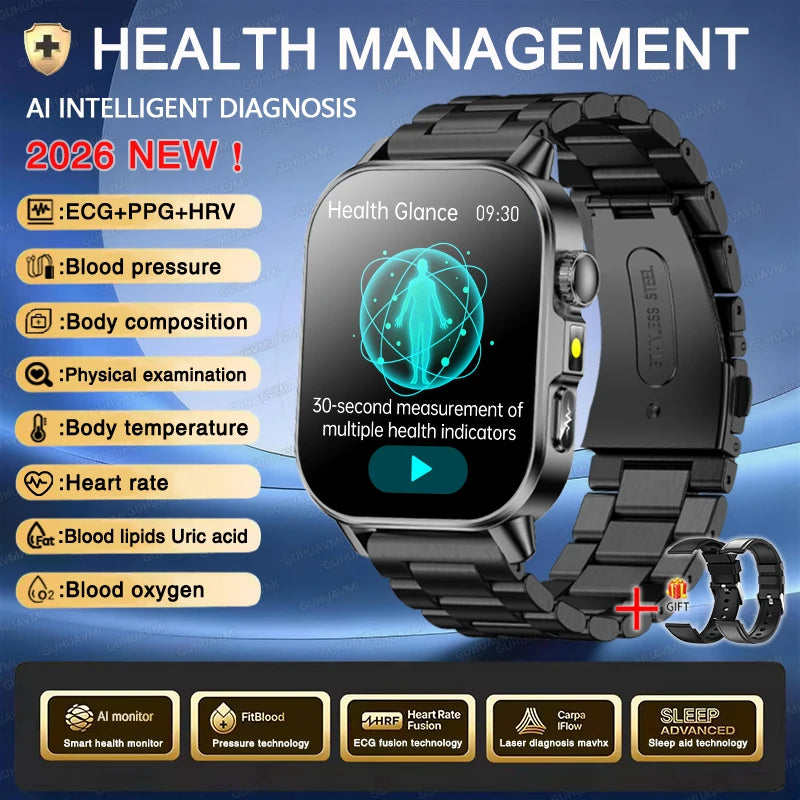 Neue Herren Smartwatch für präzise Gesundheitsdiagnose: EKG, Blutdruck, Blutsauerstoff, Blutfett, Harnsäure, Temperatur, Bluetooth-Anruf