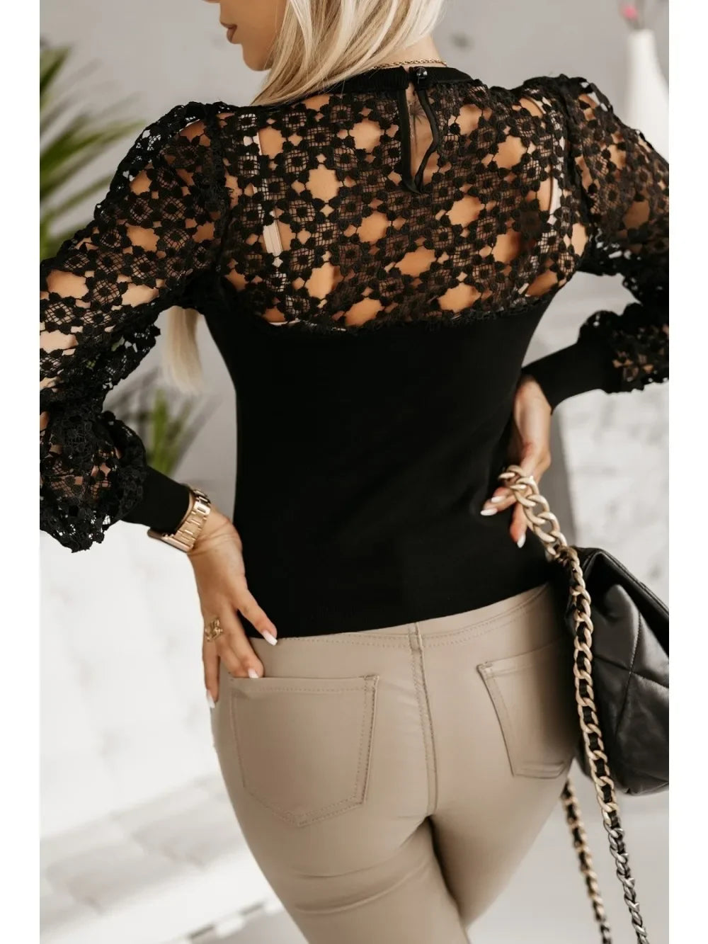Damenmode Hohl Kontrast Spitze Spleißhemd Damen Temperament Langarmhemd Rundhalsbluse