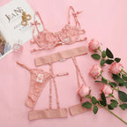 Spitzen-Dessous-Set 3-teilig Transparenter BH Strumpfhalter Halbcup Push-up Unterwäsche für Damen