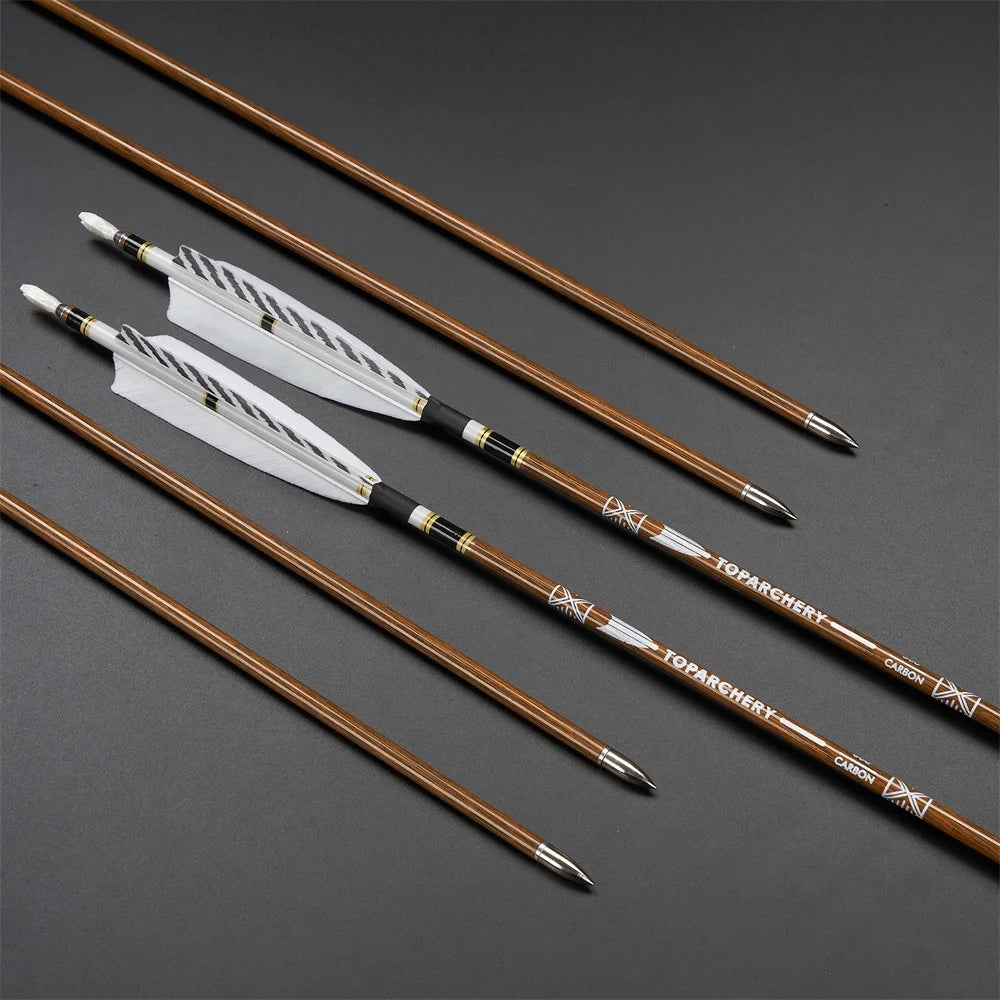 6/12/24pcs 32Inch Archery 100%Pure Carbon Arrows ID 6.2mm Wooden Shaft with 5'' Natural Feathers for Hunting Shooting
