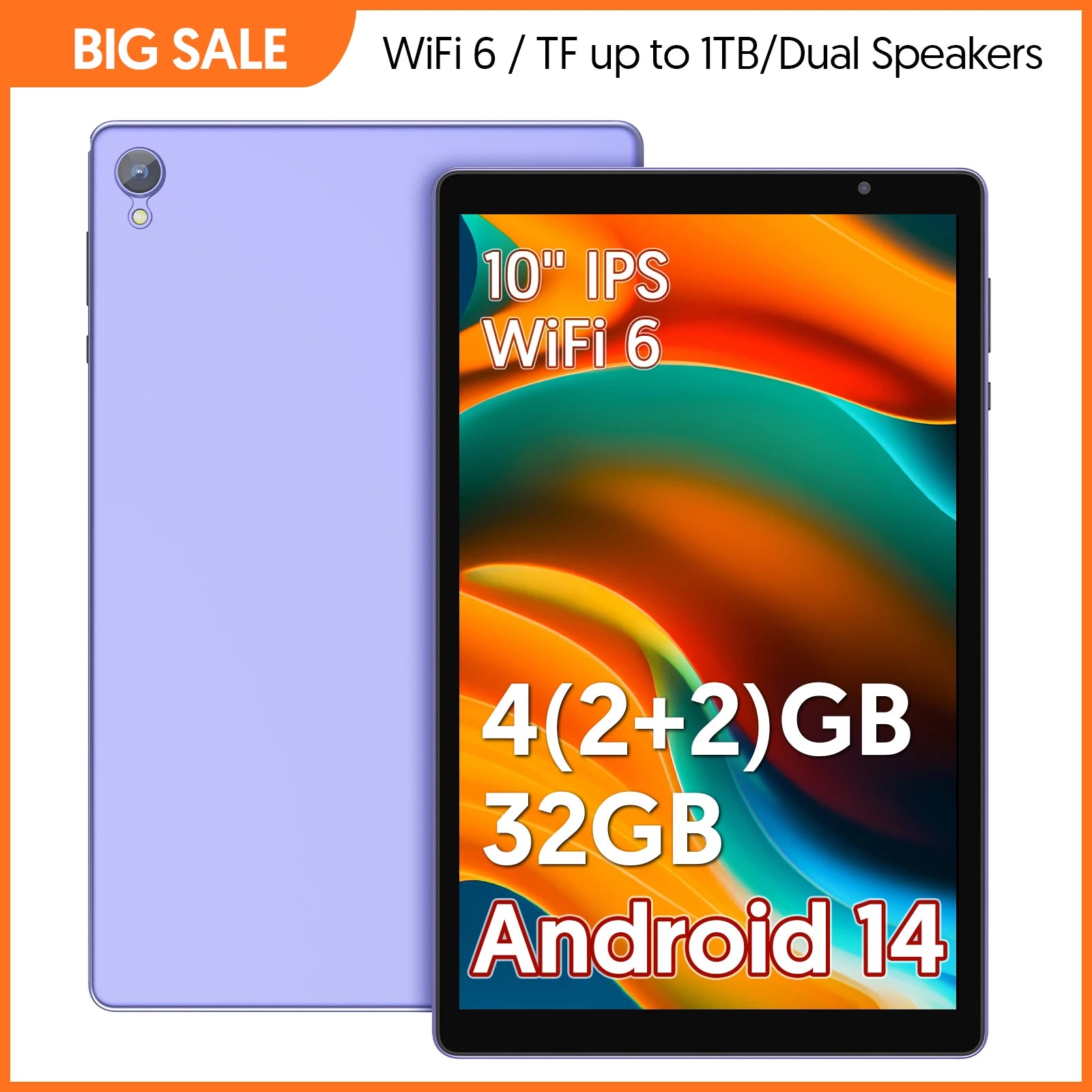 10-Zoll-Tablet, Android 14, Quad-Core-Prozessor, 4 GB RAM (2 GB + 2 GB erweiterbar), 32 GB Speicher, Wi-Fi, Dual-Kameras, 6000 mAh