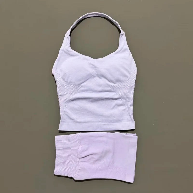 2-teiliges Sportset Damen Rückenloses Tanktop Hohe Taille Scrunch Nahtlose Shorts Fitnesskleidung Activewear Trainingssets Gym Anzug