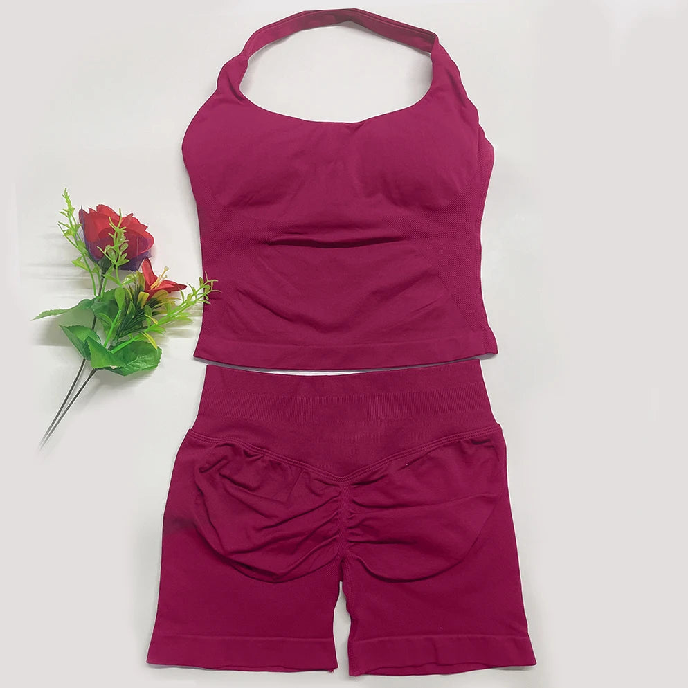 Yoga Outfits Damen 2-teiliges Sport-Set DFNNYE Impact Halfter Neck Neckholder Rückenfrei Oberteil Nahtlose Scrunch Shorts Fitness-Workout-Sportanzug