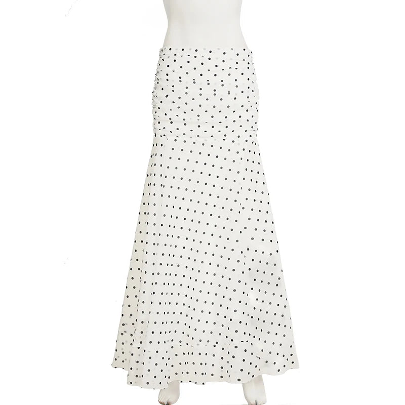 hirigin Tupfen Chiffon-Maxirock Französischer Stil Geraffter Mesh A-Linien-Rock Elegante Maxi-Unterteile Hohe Taille Streetwear