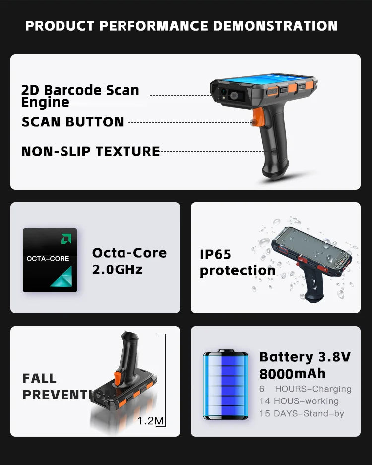 5,5 Zoll tragbares Handheld Android 13 PDAs RFID-Lesegerät Scanner Robustes Handheld Barcode-Lesegerät mit 8000mAh 64GB Octa Core WiFi NFC