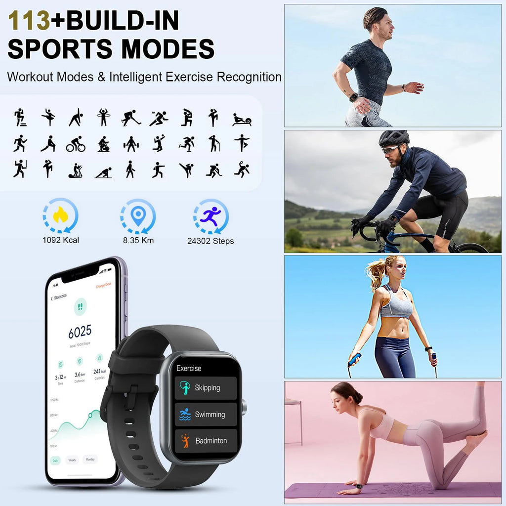 Smartwatch (Anrufe annehmen/tätigen), 1,96" Smartwatch, Fitness-Tracker, Schlafmonitor, Schrittzähler, über 100 Sportmodi, IP68 wasserdicht