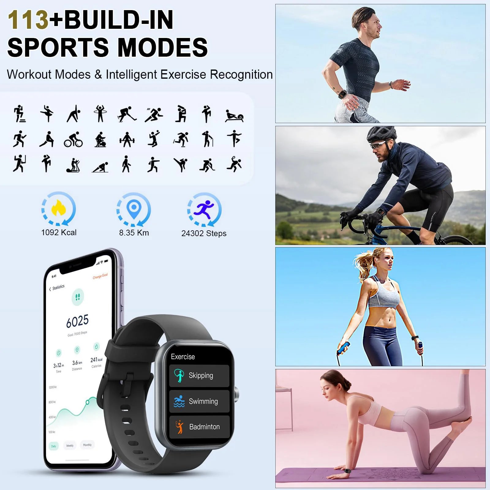 Smartwatch (Anrufe annehmen/tätigen), 1,96" Smartwatch, Fitness-Tracker, Schlafmonitor, Schrittzähler, über 100 Sportmodi, IP68 wasserdicht