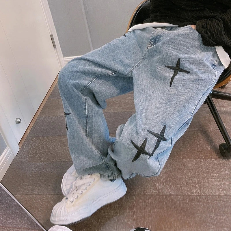 Bedruckte Jeans Herren 2023 Neue Streetwear Baggy Weite Bein Jeans Koreanische Mode Fallende Gerade Lässige Lockere Denim Cargo Hose Hauptbild