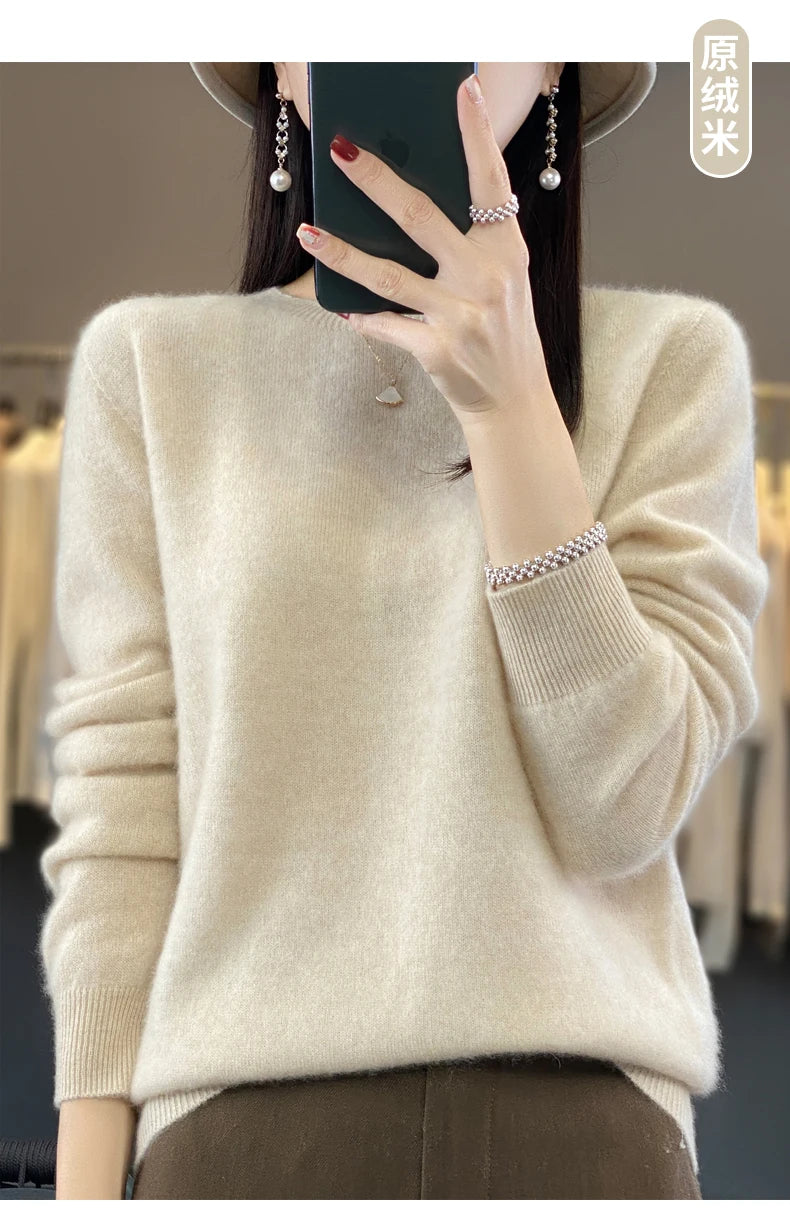 100 % Merinowolle Pullover Damen O-Ausschnitt Kaschmir Strickwaren Female Pullover Herbst Winter Freizeit Oberteile Einfarbig Weiche Kleidung