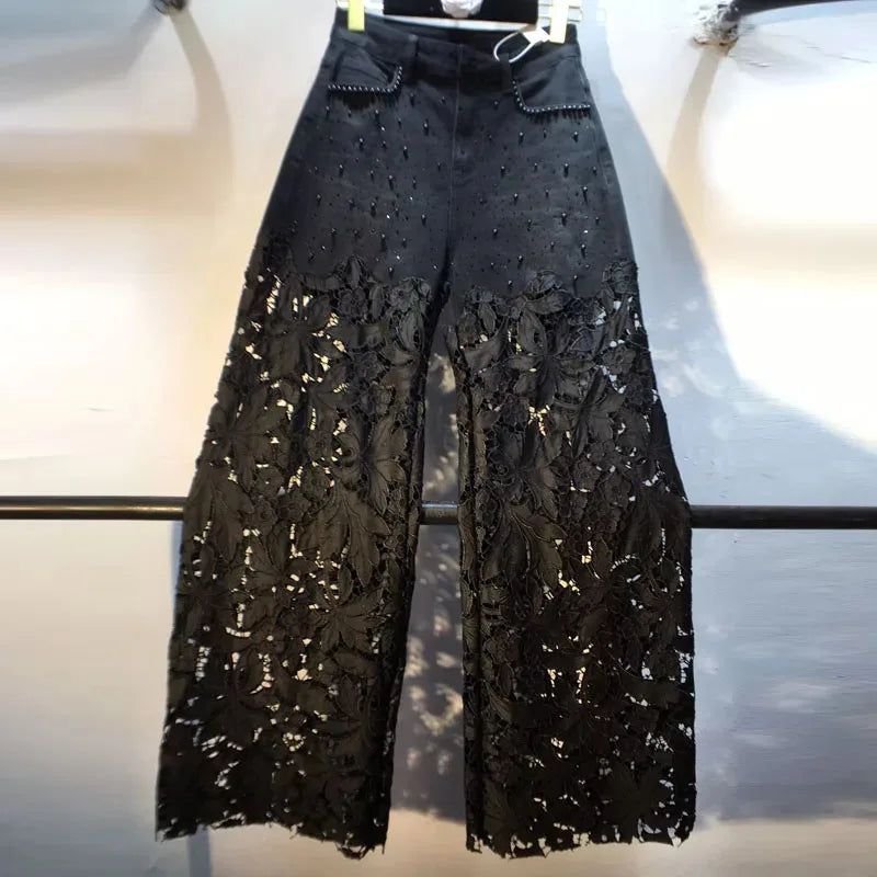 Neue Sommer Denim Patchwork Hakenblume Aushöhlen Spitze Gerade Weite Hose Casual Hohe Taille Schwere Stickerei Strass