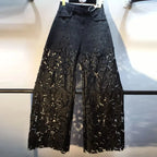 Neue Sommer Denim Patchwork Hakenblume Aushöhlen Spitze Gerade Weite Hose Casual Hohe Taille Schwere Stickerei Strass