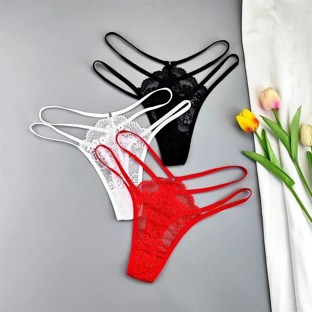 3 Stück Spitze Dünne Träger Tanga Frauen Tiefe Taille Sexy Perspektive Unterwäsche Damen Transparenter G-String Slip Plus Size T-Rücken