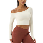 Yoga Langarm T-Shirt Damen Ein-Schulter Sexy Eng Anliegende Fitness-Oberteile Nude-Feel Schnelltrocknendes Sport Langarm Yoga Shirts