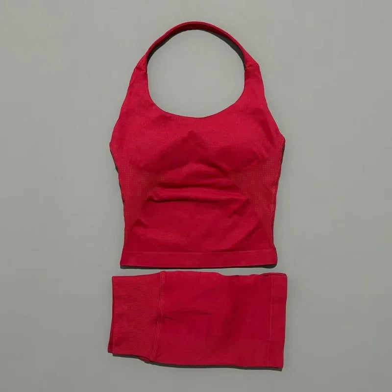 2-teiliges Sportset Damen Rückenloses Tanktop Hohe Taille Scrunch Nahtlose Shorts Fitnesskleidung Activewear Trainingssets Gym Anzug