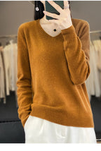 Damen 100% Merinowolle Pullover V-Ausschnitt Basic Pulli Herbst Winter Kaschmir Kleidung Langarm Weiche Strickware Oberteile Unifarben