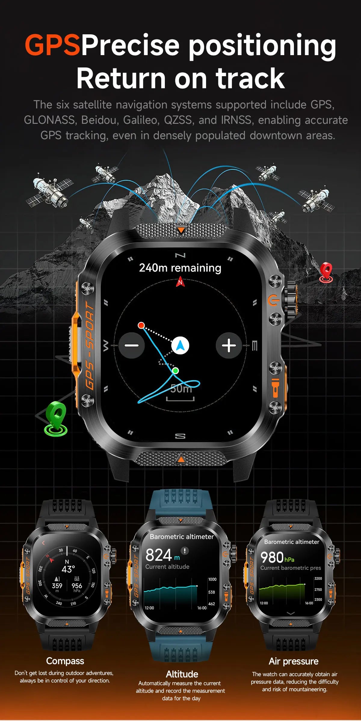 2025Neue GPS Smartwatch für Xiaomi IOS Militärkompass Taschenlampe Smartwatch Herren 10ATM Wasserdicht 100+Sportmodi BT Anruf Uhr