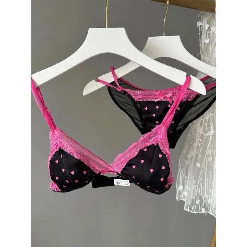 Französischer Stil Süßer Triangel-BH Lingerie Set Damen Satin Spitze Drahtlos Kleiner Busen Raffiniert Dünner Stoff Sexy Weiche Unterwäsche S-XL