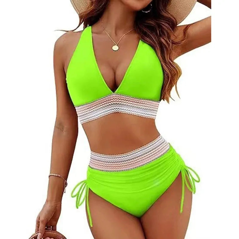 Sexy tiefer V-Ausschnitt Bikini Set Damen 2026 Sommer Strand mit Brustpolster Bademode High Waist Kordelzug Triangel Bikini