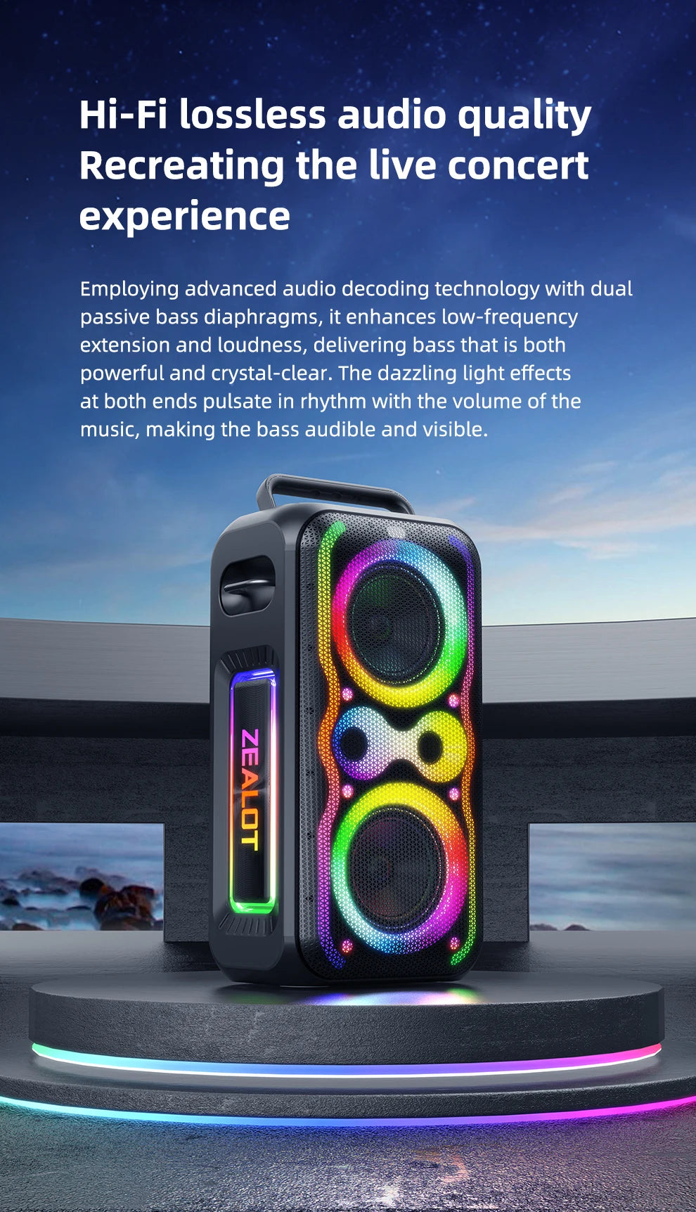 ZEALOT-PT21 200W Kabelloser Bluetooth-Lautsprecher, tragbarer Outdoor-Lautsprecher mit sattem Bass, Stereokopplung, Reverse Charging,